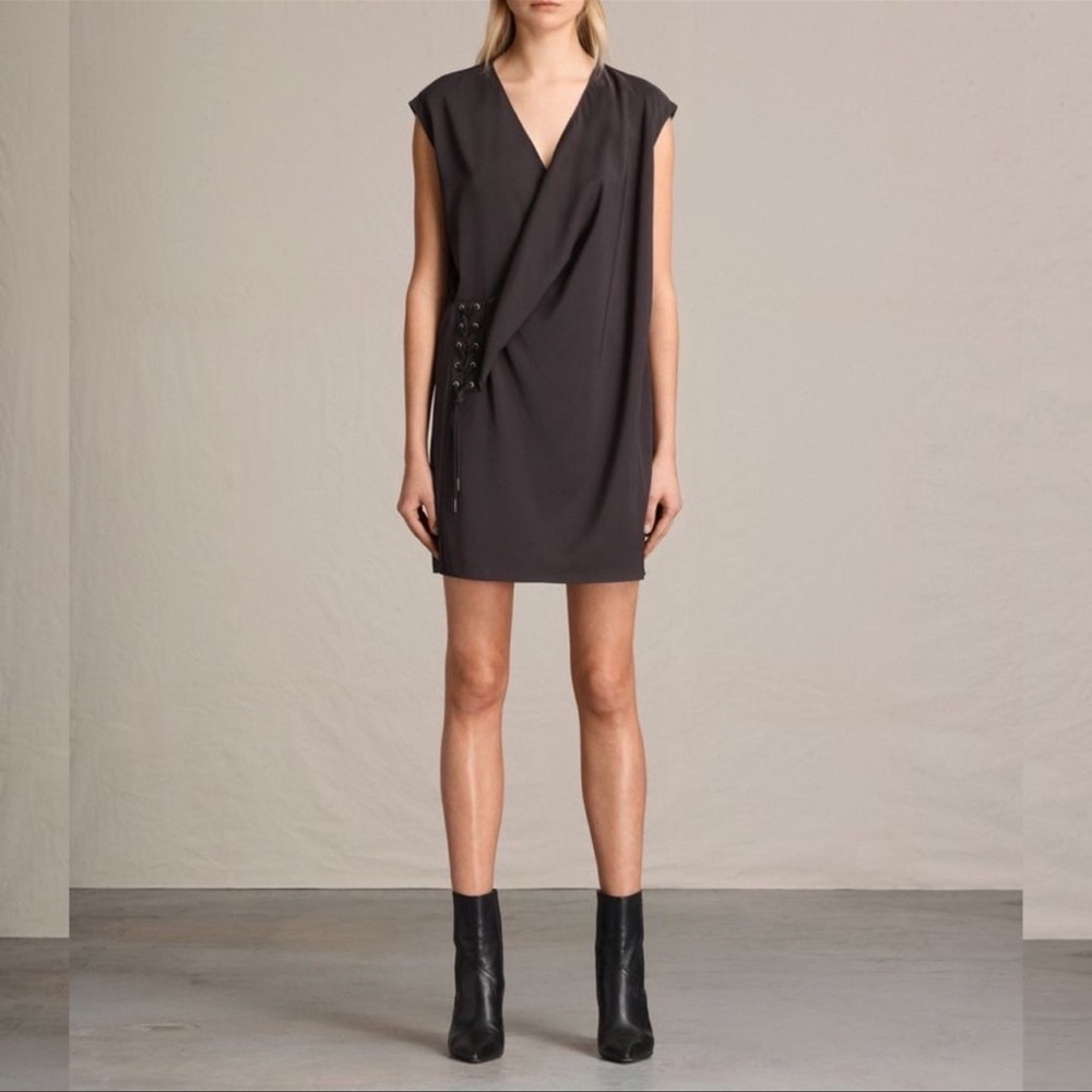 PRICE FIRM🚨 All Saints Women's Aures Crepe Dress in Anthracite Gray 10